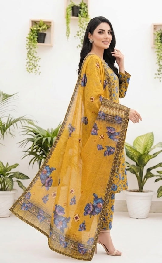 Premium Digital Print 3-Piece Unstitched Lawn Suit – All-Over 90/70 Bana Dora