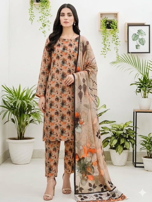 Premium Digital Print 3-Piece Unstitched Lawn Suit – All-Over 90/70 Bana Dora