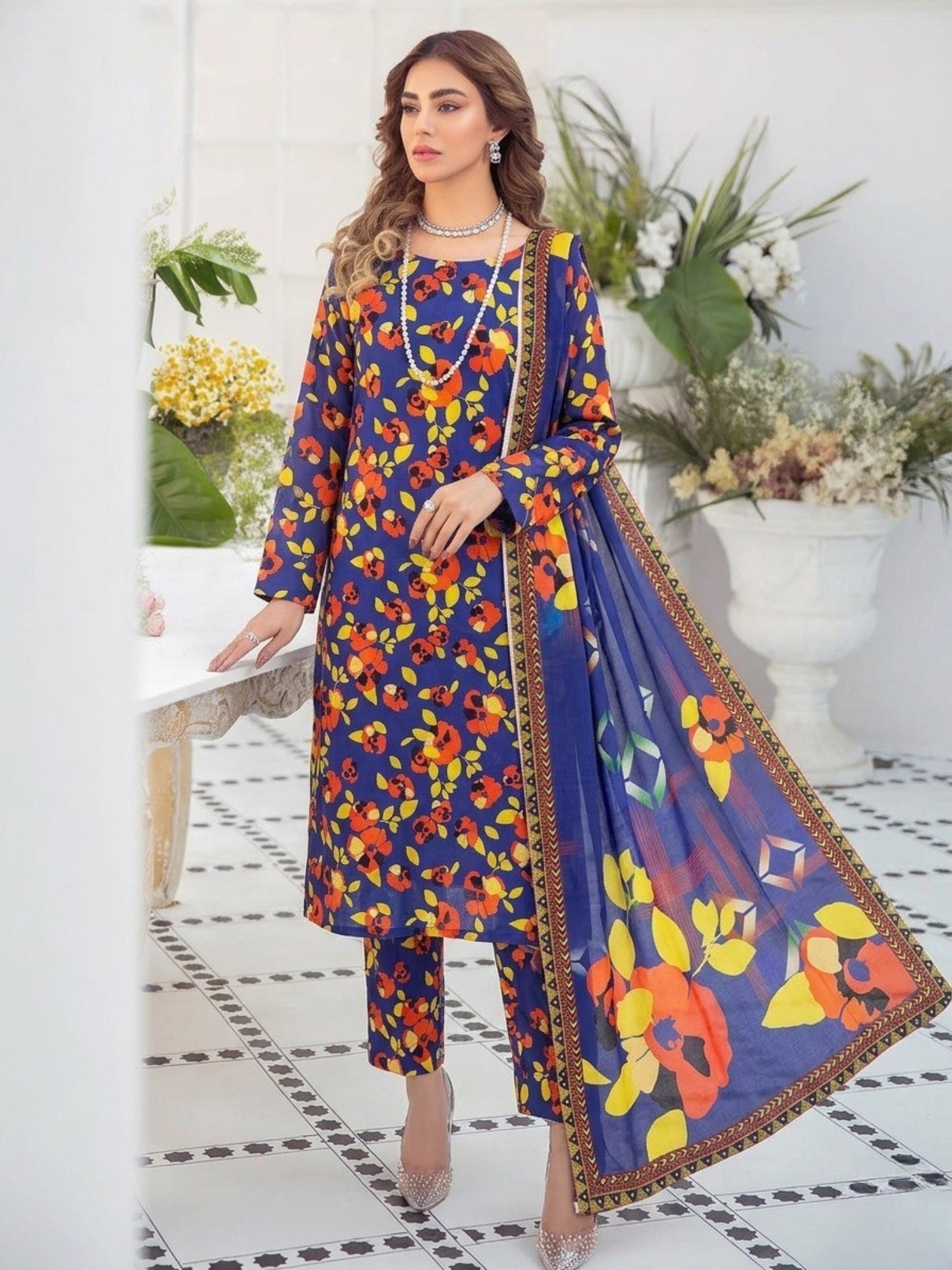 Premium Digital Print 3-Piece Unstitched Lawn Suit – All-Over 90/70 Bana Dora