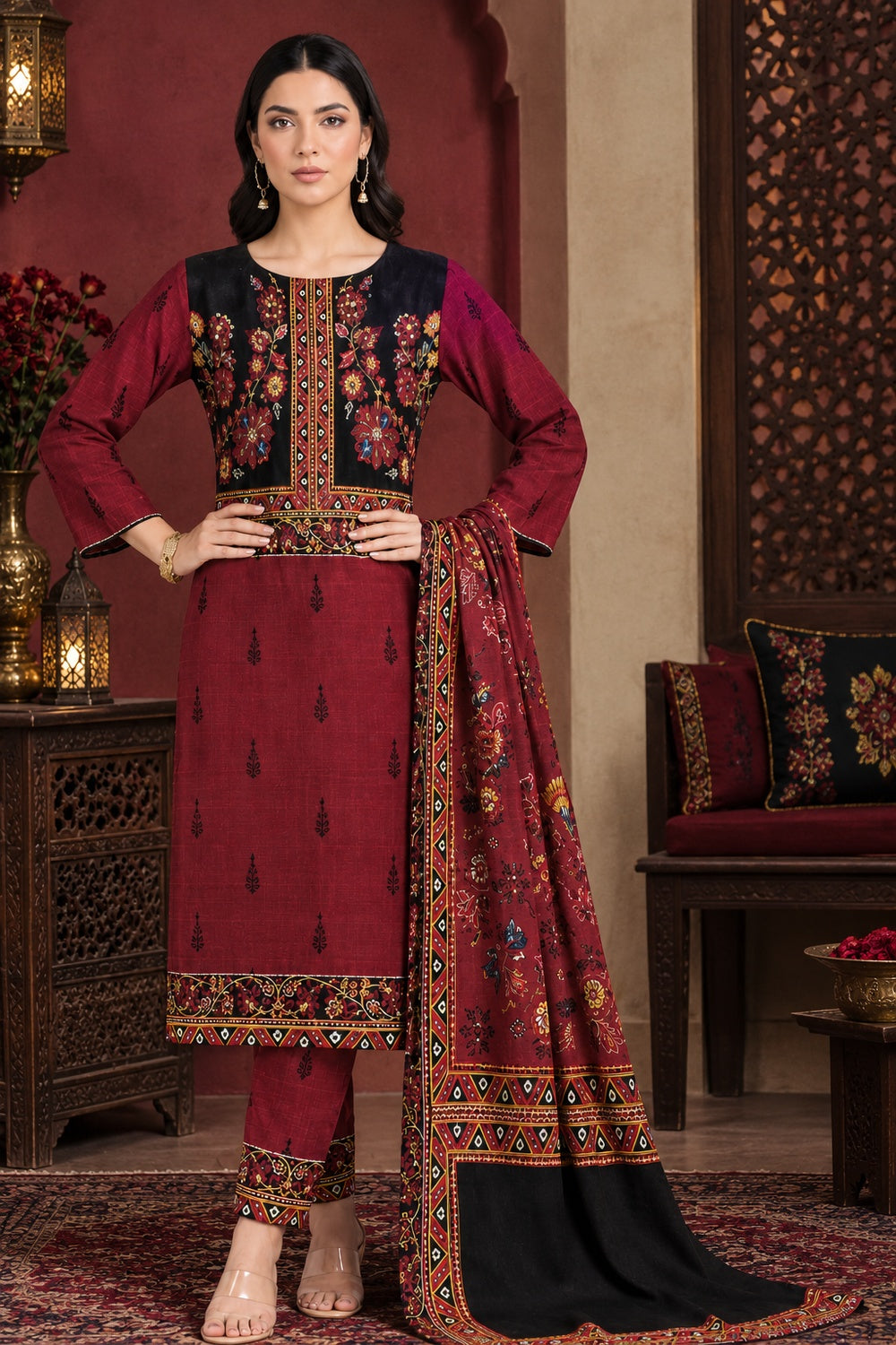 Classic Charm Khaddar Digital Printed 3 Piece Suit (Unstitched)