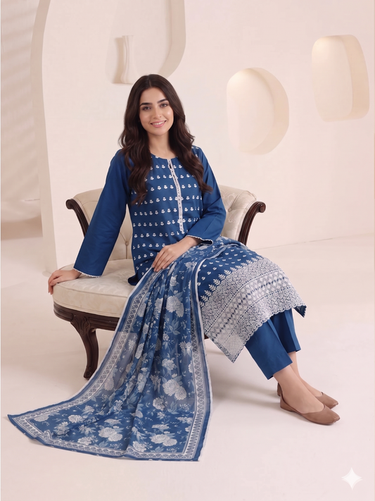 Summer Special Chicken Kari Lawn 3-Piece Suit - Semi-Stitched/Stitched (L, XL)
