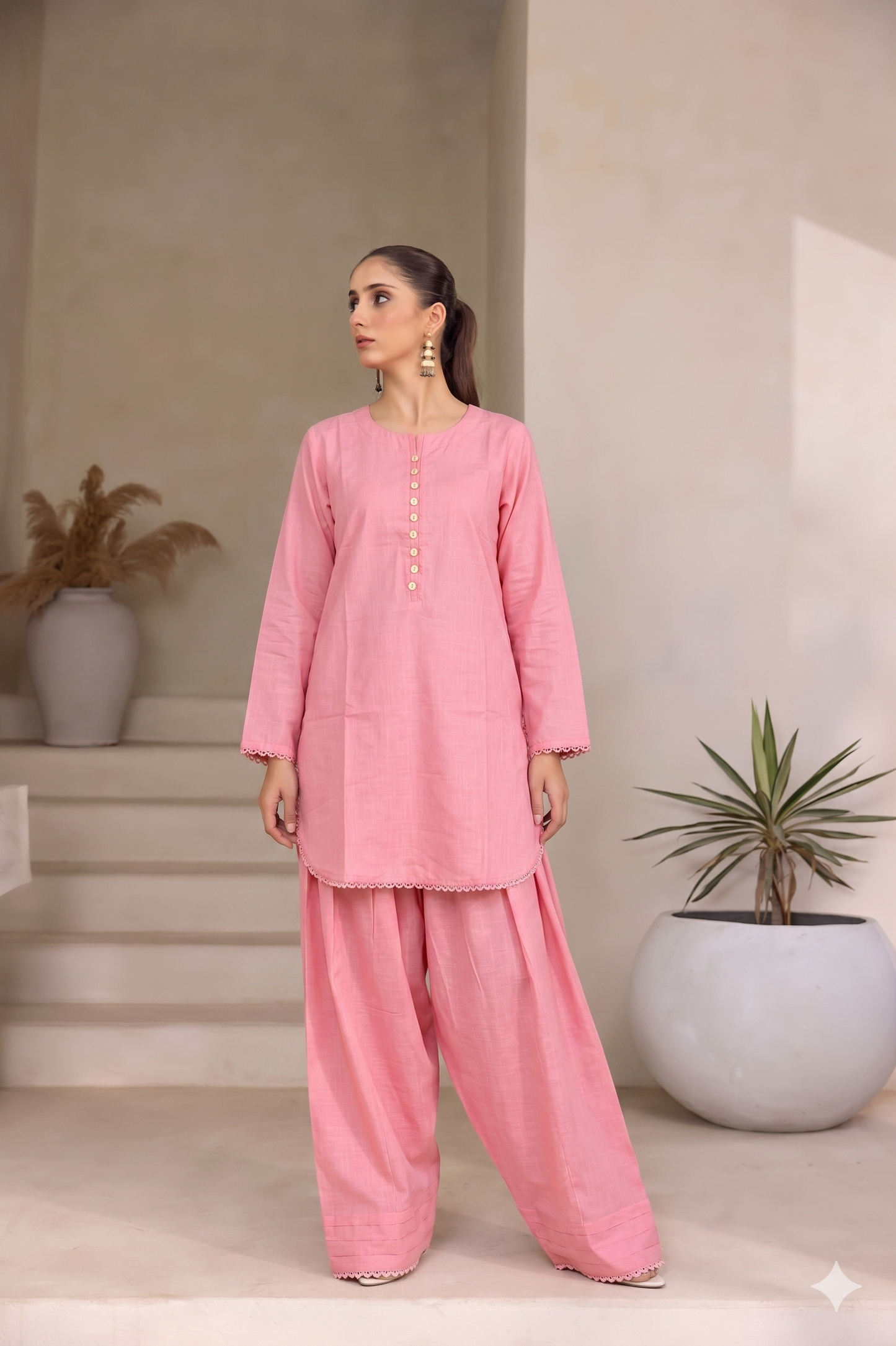 FARSHI SHALWAR SOLID LAWN SLUB TWO PEICE (STITCHED)
