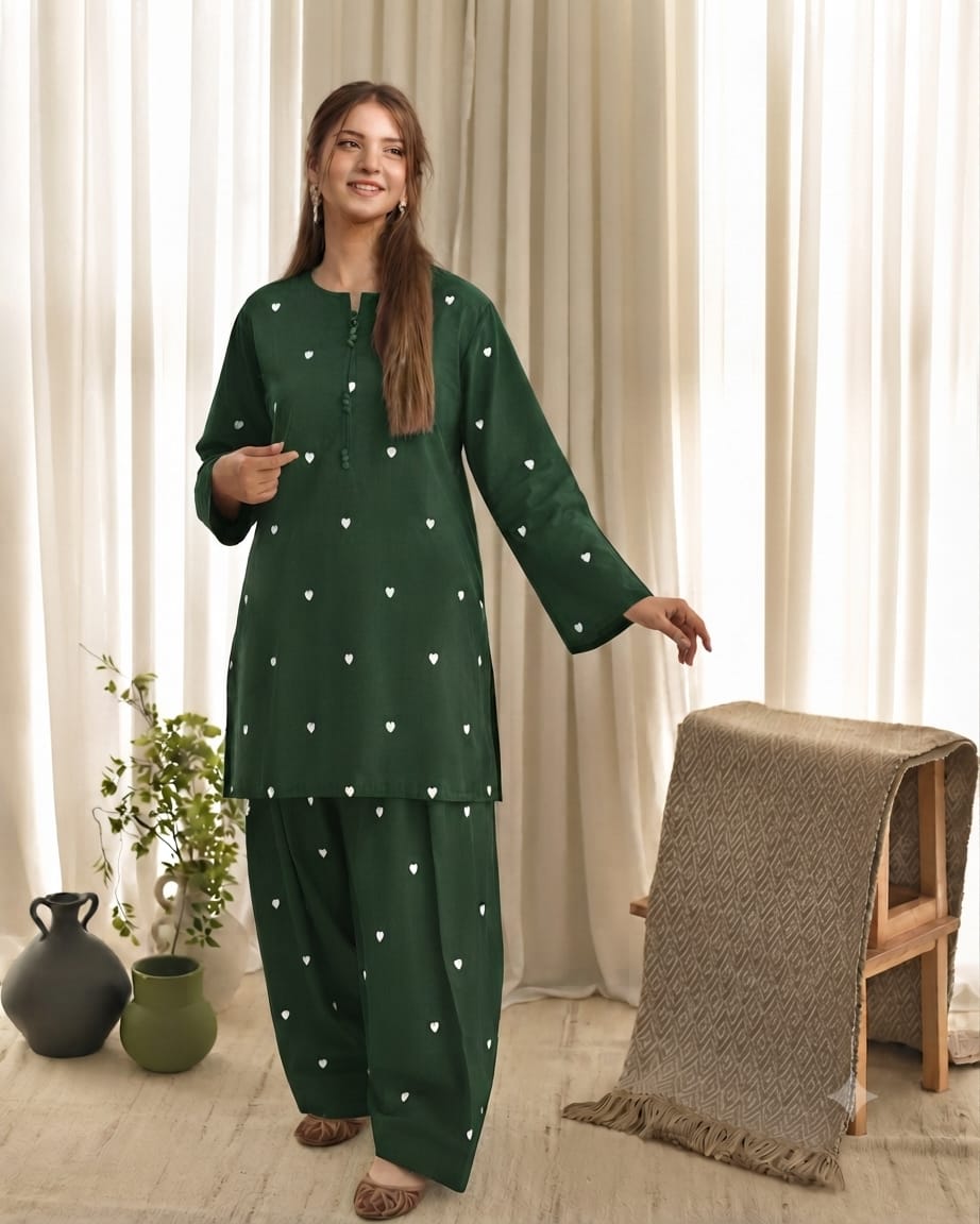 Dilruba Heart Embroidered Lawn Farshi Shalwar Set (Stitched)