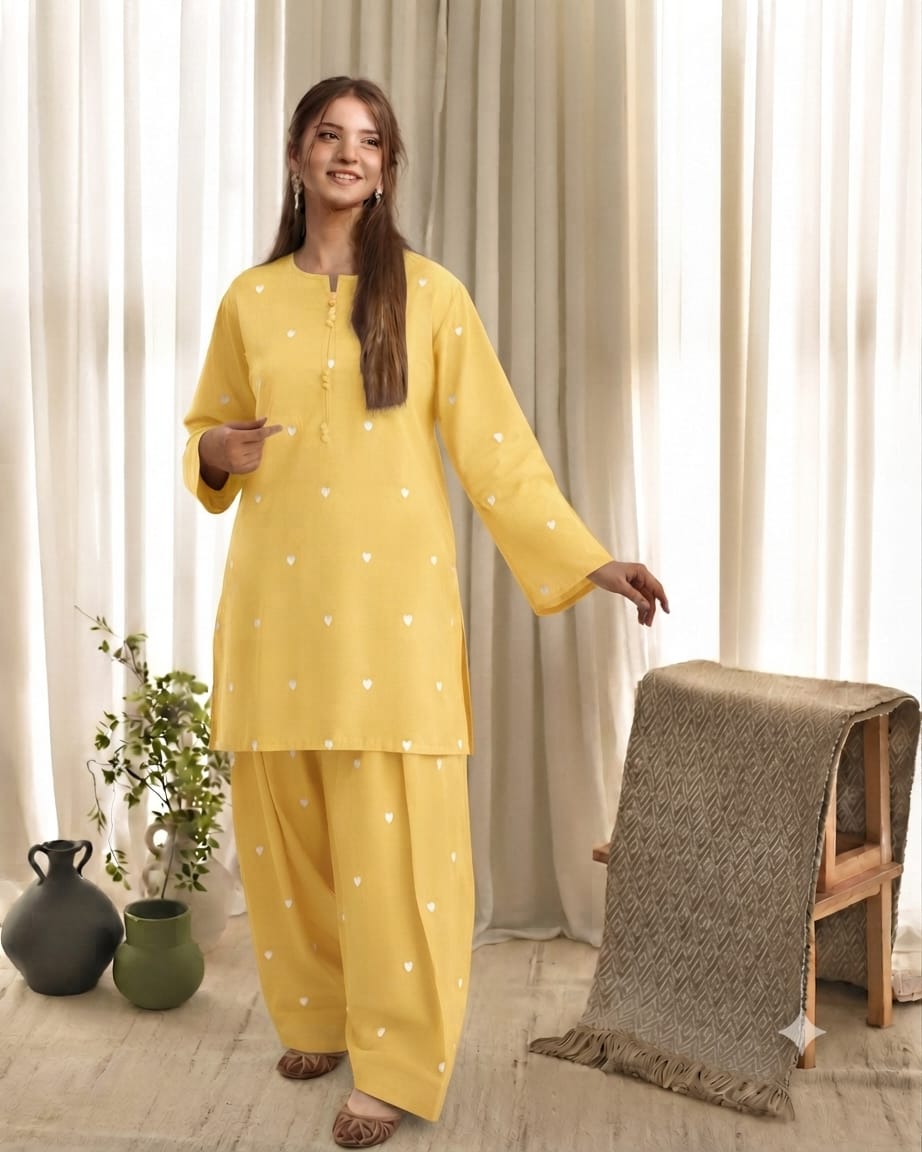 Dilruba Heart Embroidered Lawn Farshi Shalwar Set (Stitched)