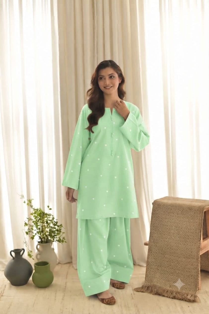 Dilruba Heart Embroidered Lawn Farshi Shalwar Set (Stitched)