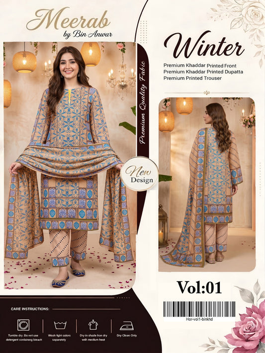 VOLUME NO 1 BUNDLE OF 10 KHADDAR UNSTITCHED 3 PEICE SUIT DIGITAL PRINT