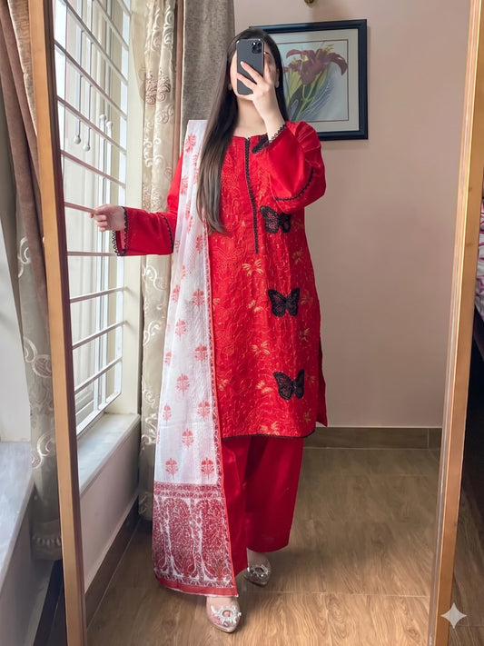 BUTTERFLY 3-Piece Embroidered Chikan Kari Lawn Suit (stitched)