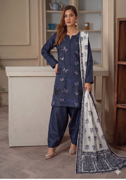 BUTTERFLY 3-Piece Embroidered Chikan Kari Lawn Suit (stitched)