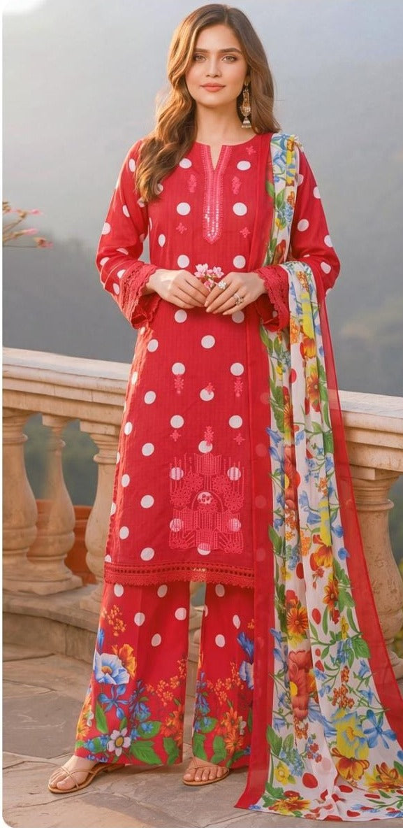 Luxury Premium Lawn 3-Piece Suit – Front Chikankari Embroidery with Chiffon Dupatta (UNSTITCHED)