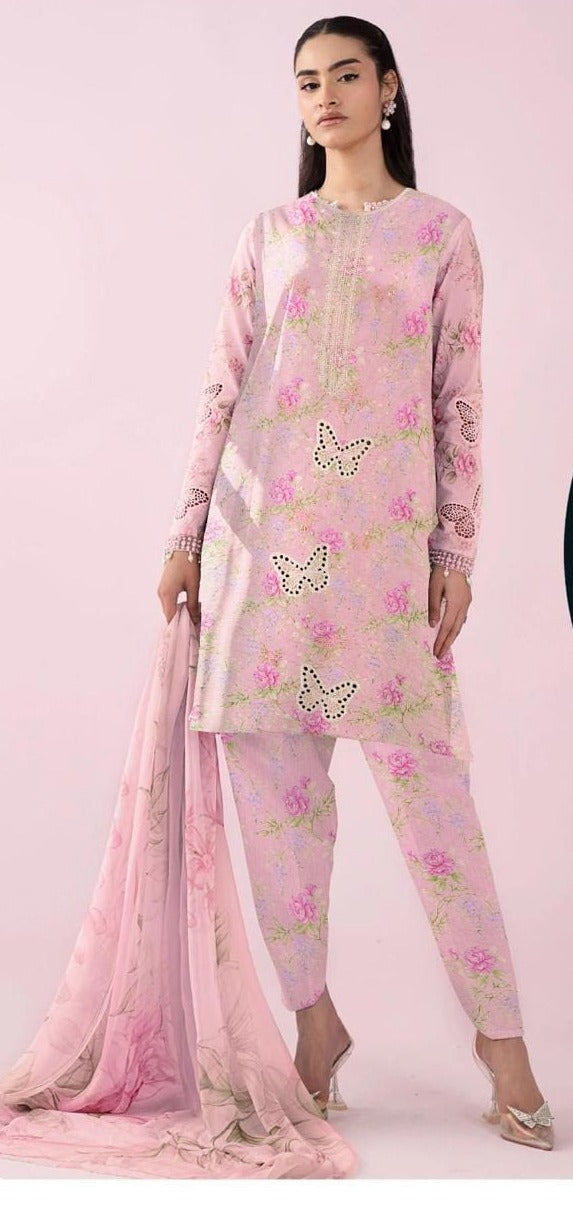 Luxury Premium Lawn 3-Piece Suit – Front Chikankari Embroidery with Chiffon Dupatta (UNSTITCHED)