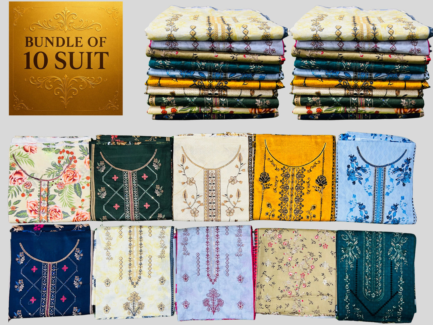 BUNDLE OF 10 SUITS LAWN UNSTITCH 3PEICE