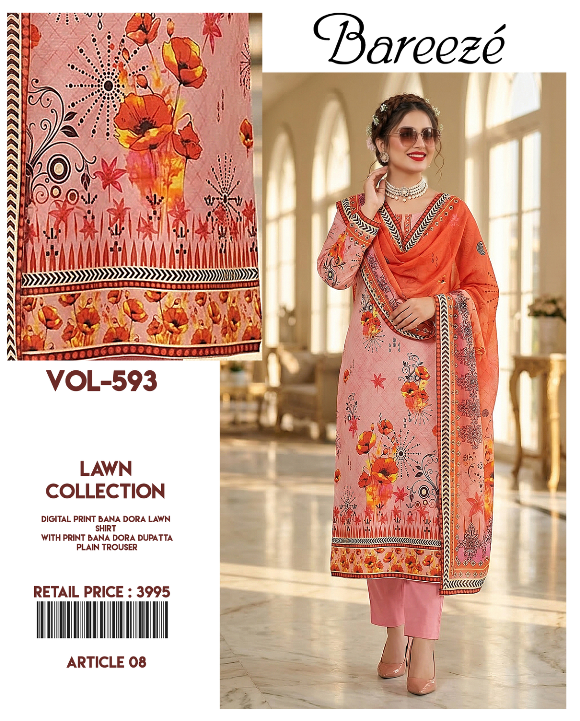 Bareeze 3-Piece Digital Print Bana Dora Lawn Suit (Unstitched)
