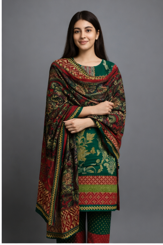 Elegant Twill Wool Floral Three Peice – Imported Luxury (Stitched)