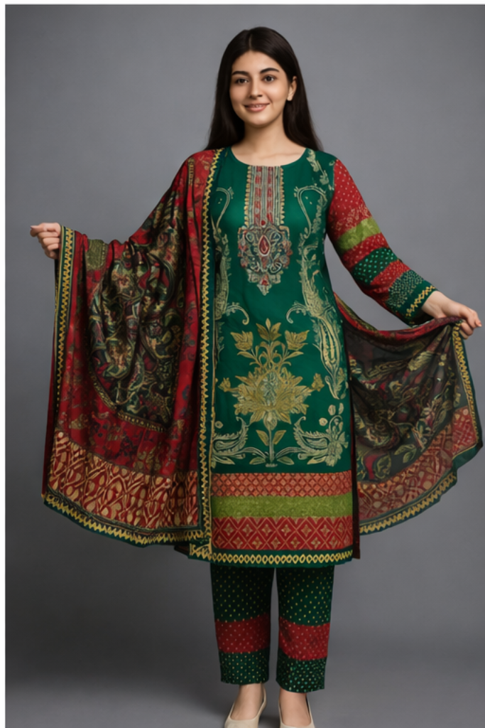 Elegant Twill Wool Floral Three Peice – Imported Luxury (Stitched)