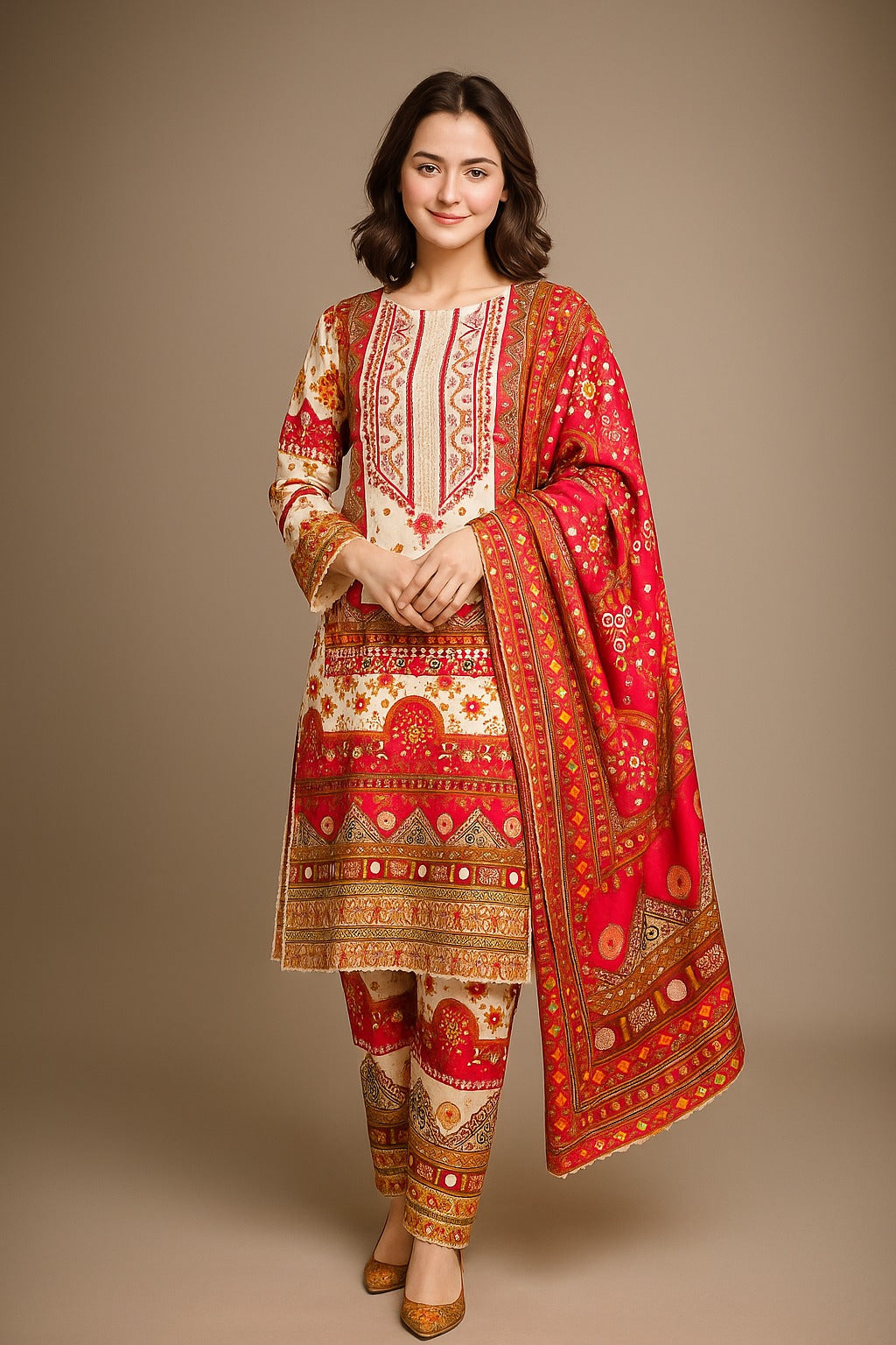 Premium Twill Printed 3-Piece Suit – Elegant Ethnic Winter Collection