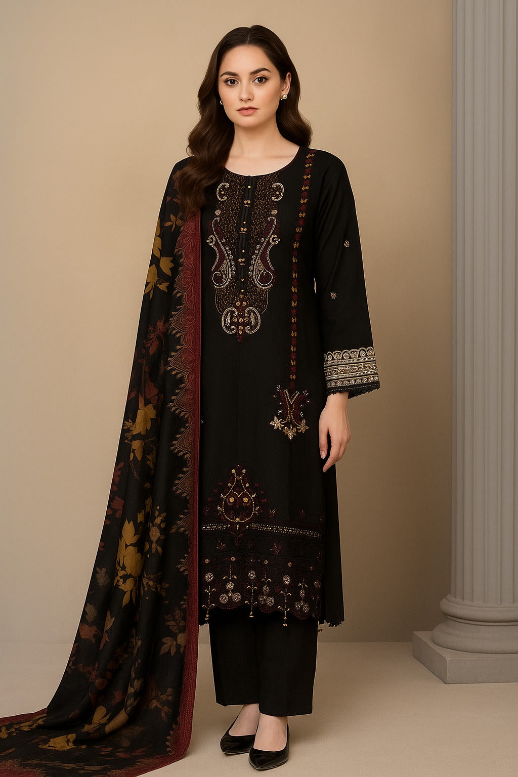 Luxury Shemre 3-Piece Embroidered Suit – Winter Elegance Collection