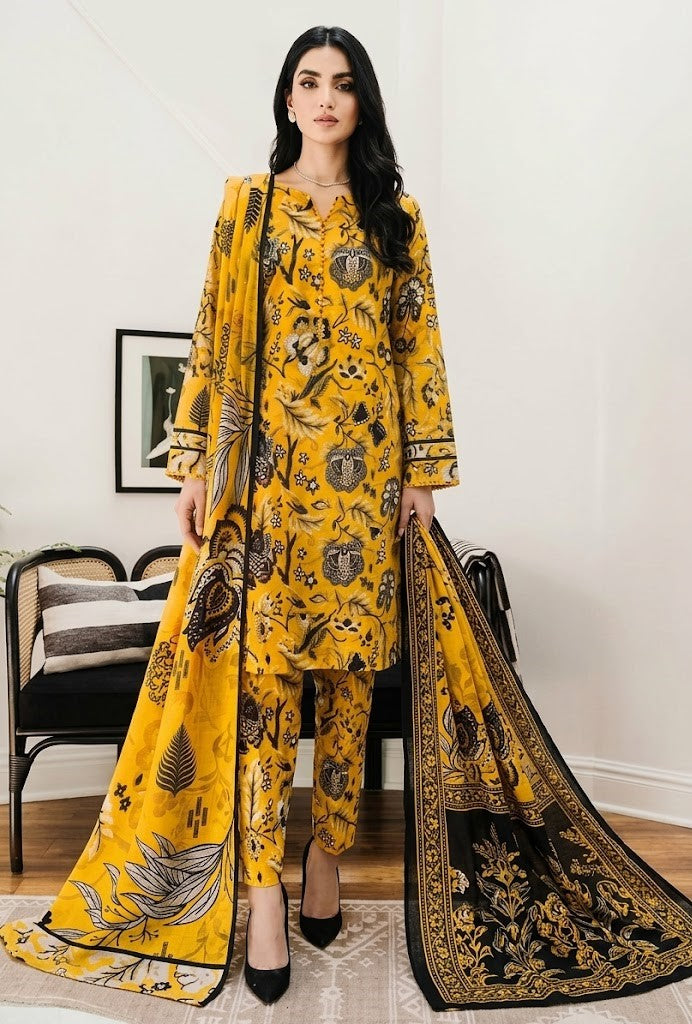 Premium Digital Print 3-Piece Unstitched Lawn Suit – All-Over 90/70 Bana Dora