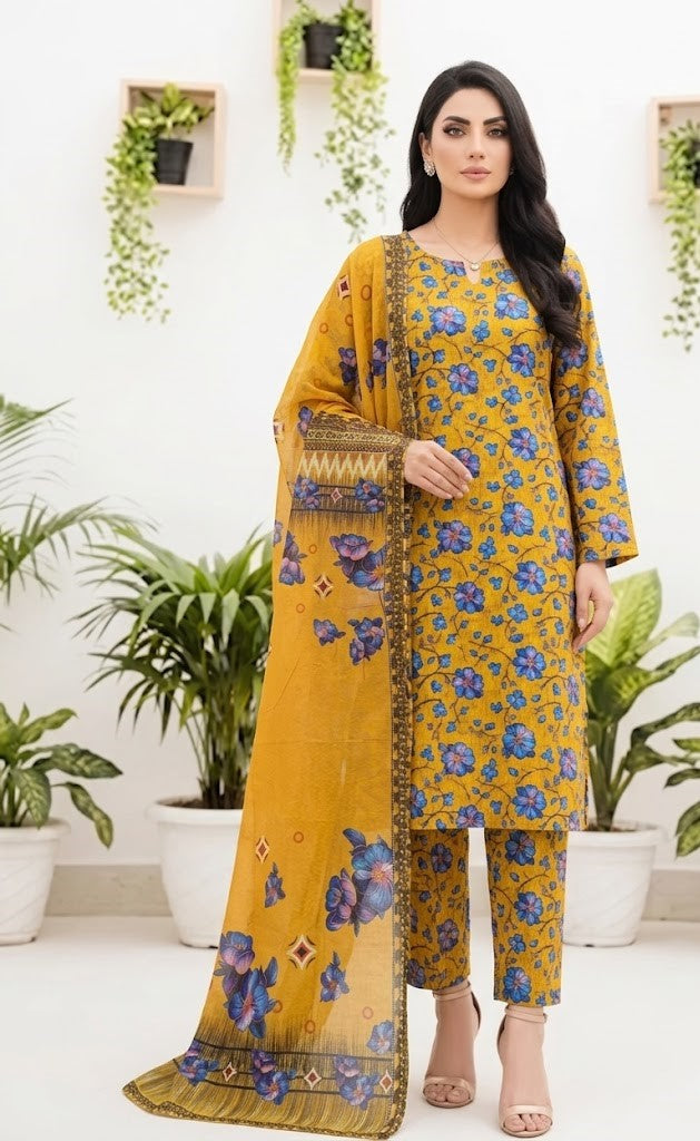 Premium Digital Print 3-Piece Unstitched Lawn Suit – All-Over 90/70 Bana Dora