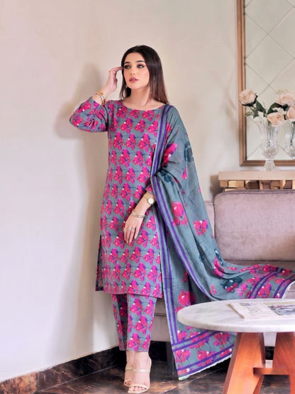 Premium Digital Print 3-Piece Unstitched Lawn Suit – All-Over 90/70 Bana Dora