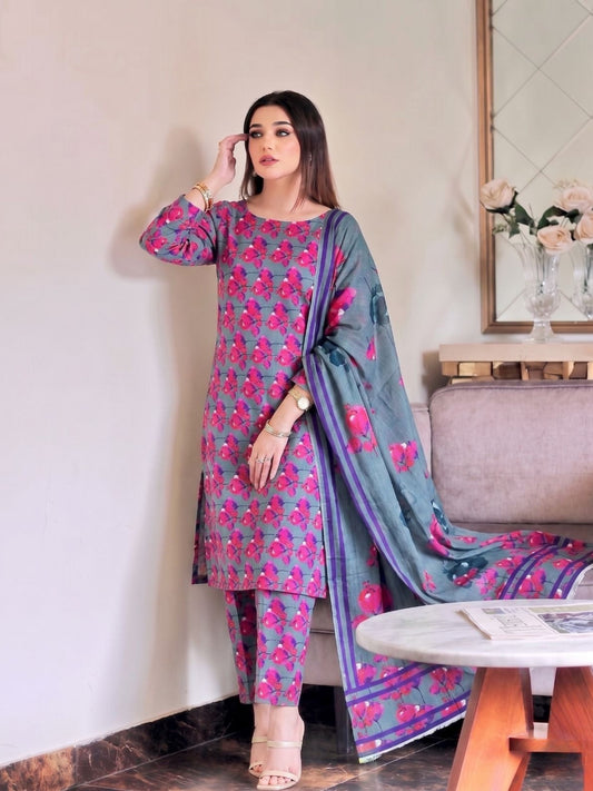 Premium Digital Print 3-Piece Unstitched Lawn Suit – All-Over 90/70 Bana Dora