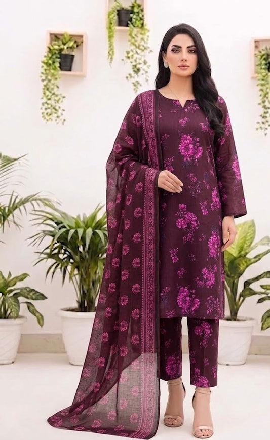 Premium Digital Print 3-Piece Unstitched Lawn Suit – All-Over 90/70 Bana Dora