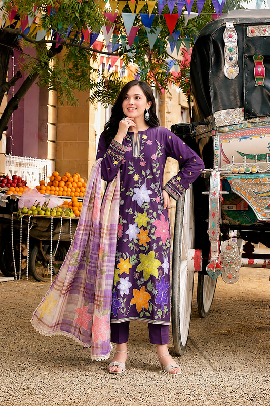 Aneelas Hit Code 3 piece Luxury Lawn Cross Stitch Embroidery (stitched)