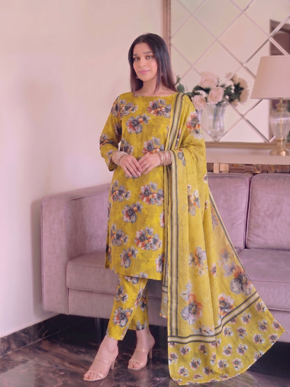 Premium Digital Print 3-Piece Unstitched Lawn Suit – All-Over 90/70 Bana Dora