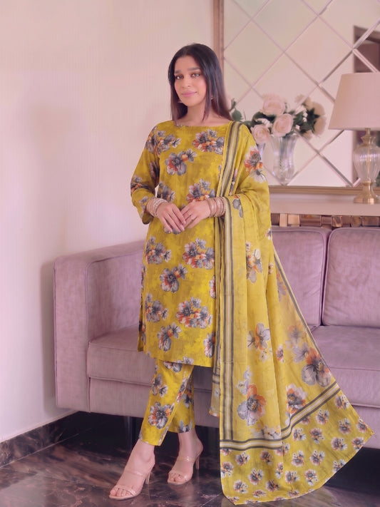 Premium Digital Print 3-Piece Unstitched Lawn Suit – All-Over 90/70 Bana Dora