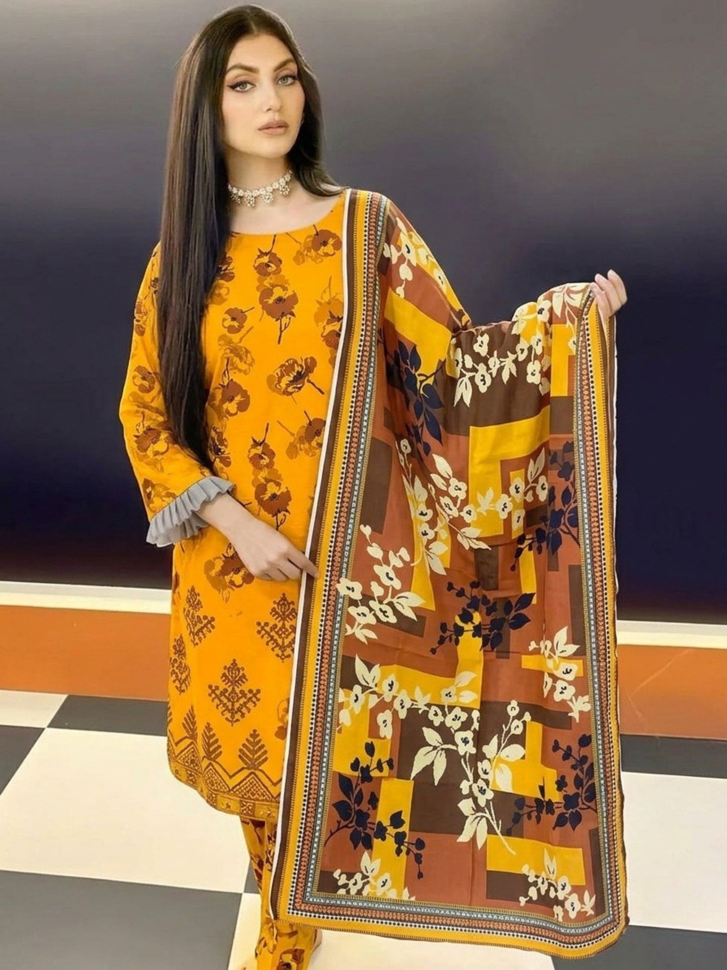 Premium Digital Print 3-Piece Unstitched Lawn Suit – All-Over 90/70 Bana Dora