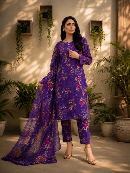Premium Digital Print 3-Piece Unstitched Lawn Suit – All-Over 90/70 Bana Dora