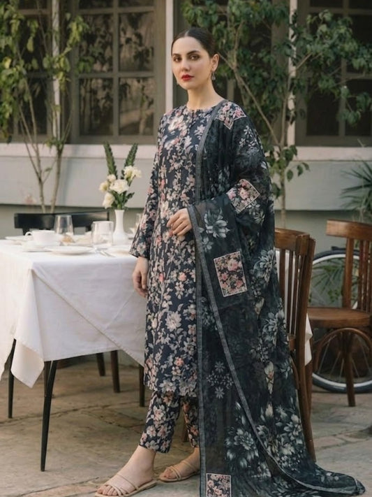 Premium Digital Print 3-Piece Unstitched Lawn Suit – All-Over 90/70 Bana Dora