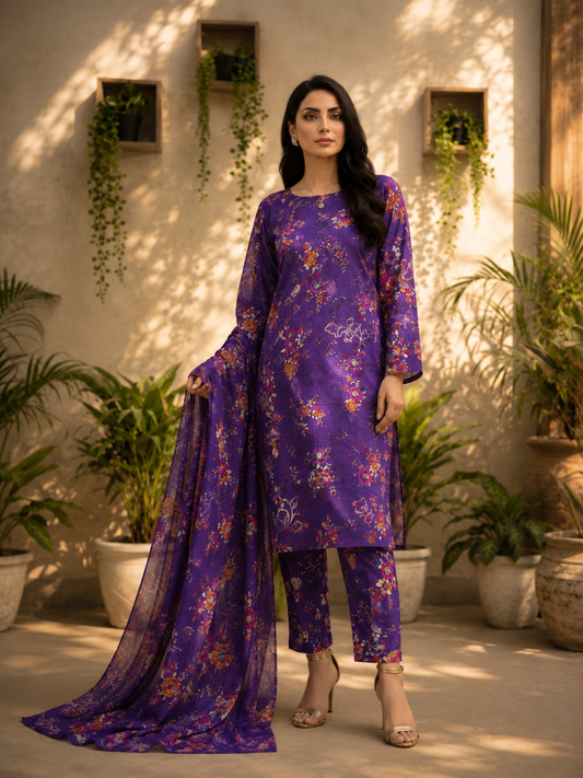 Premium Digital Print 3-Piece Unstitched Lawn Suit – All-Over 90/70 Bana Dora