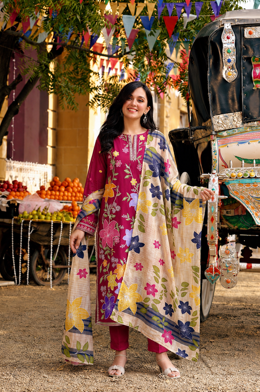 Aneelas Hit Code 3 piece Luxury Lawn Cross Stitch Embroidery (stitched)