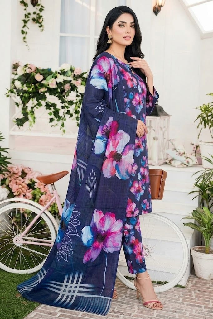 Premium Digital Print 3-Piece Unstitched Lawn Suit – All-Over 90/70 Bana Dora