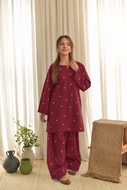 Dilruba Heart Embroidered Lawn Farshi Shalwar Set (Stitched)