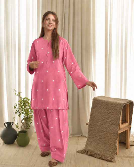 Dilruba Heart Embroidered Lawn Farshi Shalwar Set (Stitched)