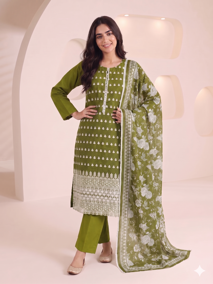 Summer Special Chicken Kari Lawn 3-Piece Suit - Semi-Stitched/Stitched (L, XL)