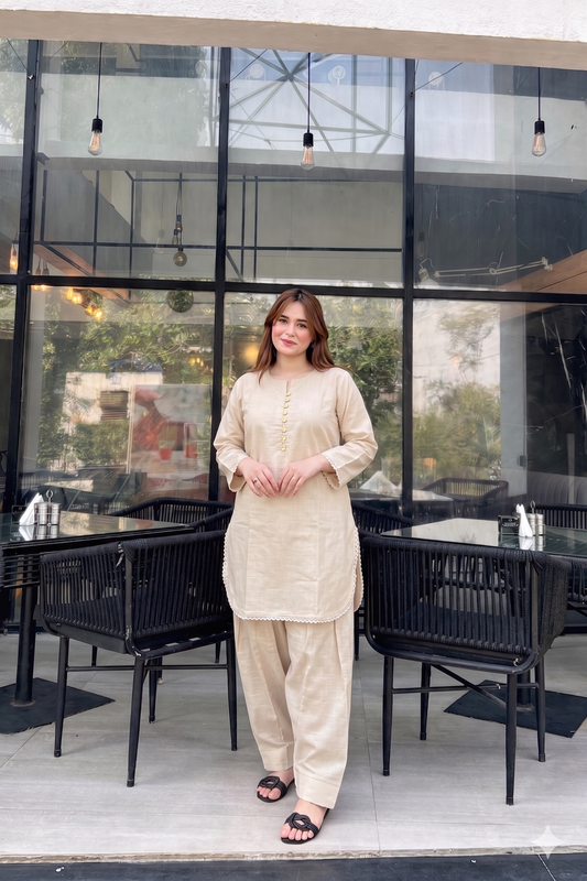 FARSHI SHALWAR SOLID LAWN SLUB TWO PEICE (STITCHED)