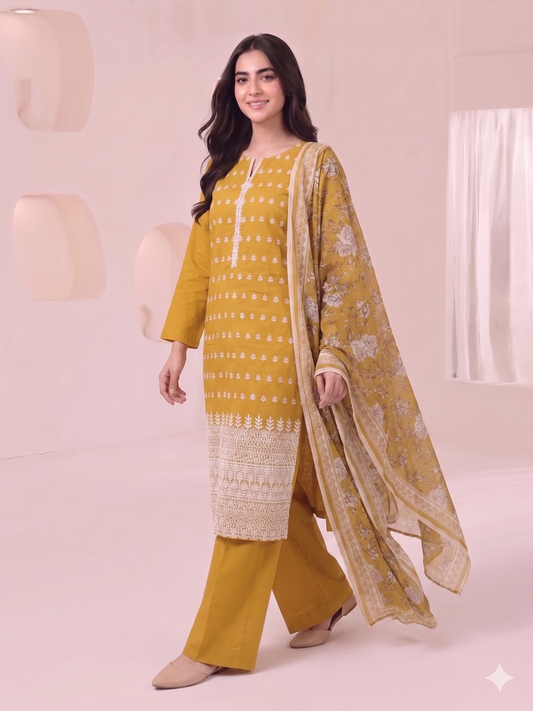 Summer Special Chicken Kari Lawn 3-Piece Suit - Semi-Stitched/Stitched (L, XL)