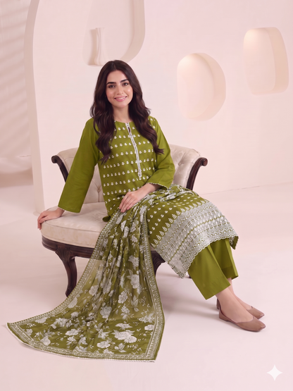 Summer Special Chicken Kari Lawn 3-Piece Suit - Semi-Stitched/Stitched (L, XL)