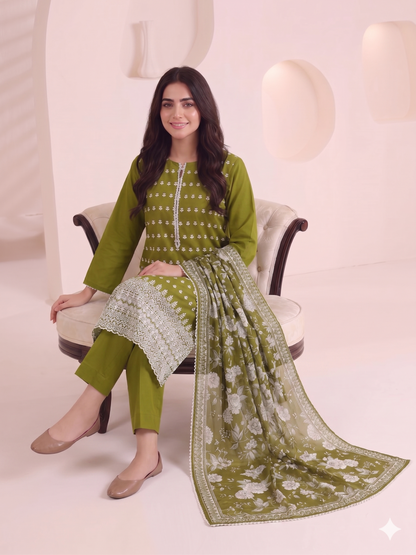 Summer Special Chicken Kari Lawn 3-Piece Suit - Semi-Stitched/Stitched (L, XL)