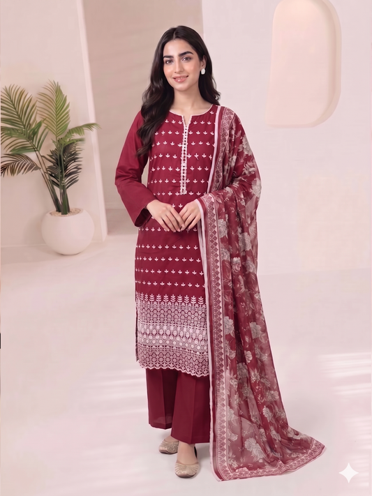 Summer Special Chicken Kari Lawn 3-Piece Suit - Semi-Stitched/Stitched (L, XL)