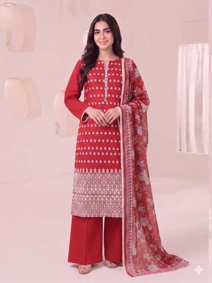 Summer Special Chicken Kari Lawn 3-Piece Suit - Semi-Stitched/Stitched (L, XL)