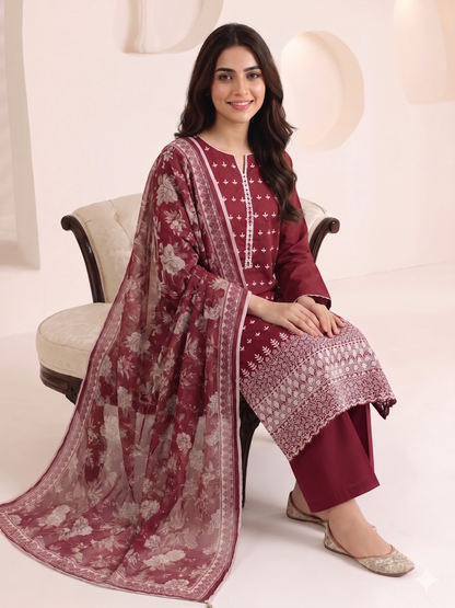 Summer Special Chicken Kari Lawn 3-Piece Suit - Semi-Stitched/Stitched (L, XL)