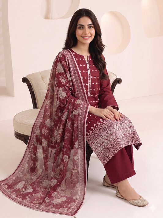Summer Special Chicken Kari Lawn 3-Piece Suit - Semi-Stitched/Stitched (L, XL)