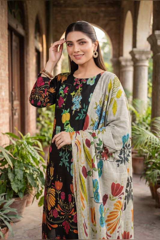Classic Charm Khaddar Digital Printed 3 Piece Suit (Unstitched)