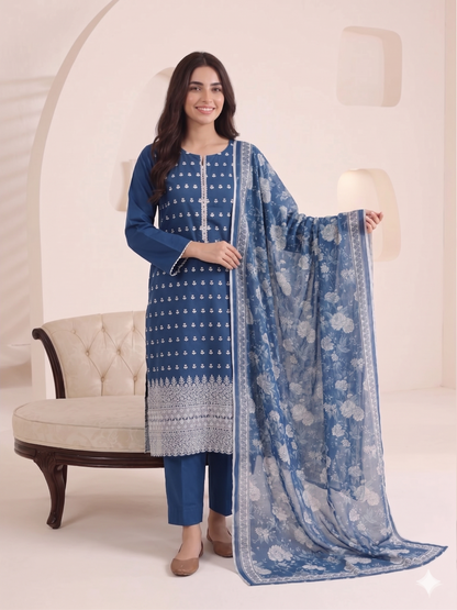 Summer Special Chicken Kari Lawn 3-Piece Suit - Semi-Stitched/Stitched (L, XL)