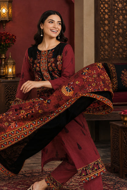 Classic Charm Khaddar Digital Printed 3 Piece Suit (Unstitched)