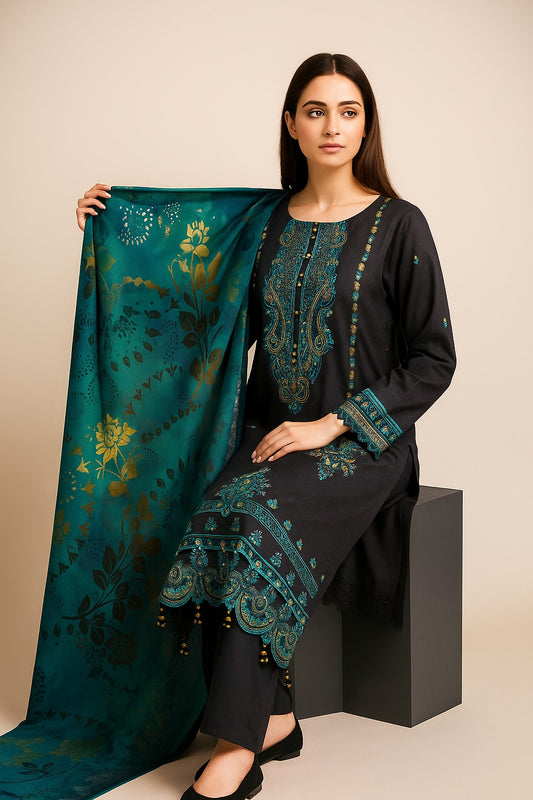 Luxury Shemre 3-Piece Embroidered Suit – Winter Elegance Collection