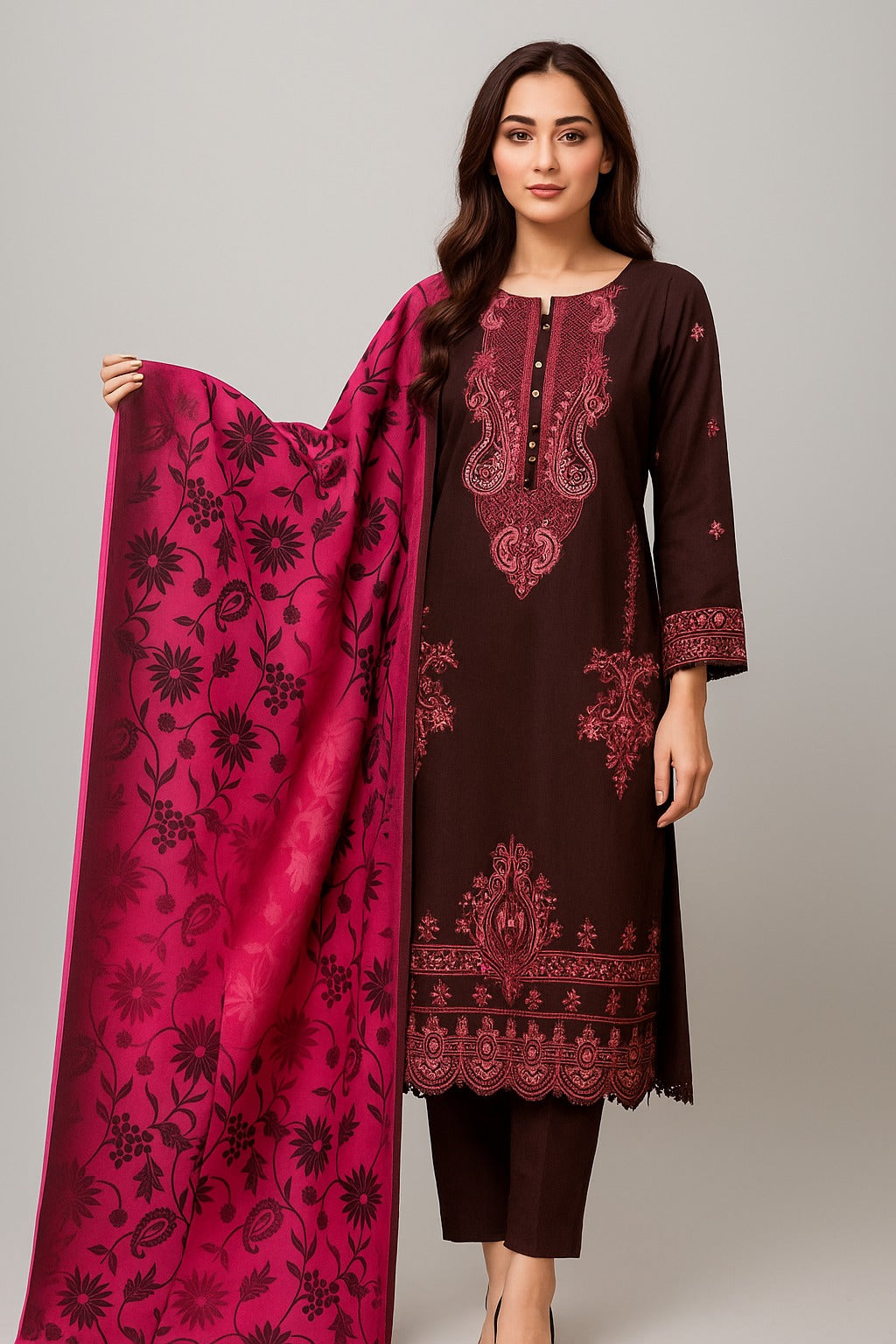 Luxury Shemre 3-Piece Embroidered Suit – Winter Elegance Collection